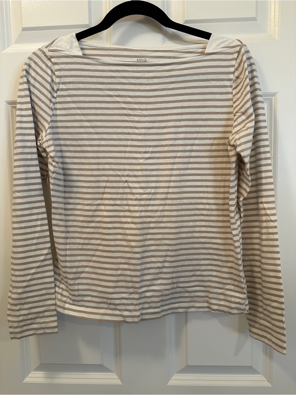 Mango Beige and White Striped Crewneck Top